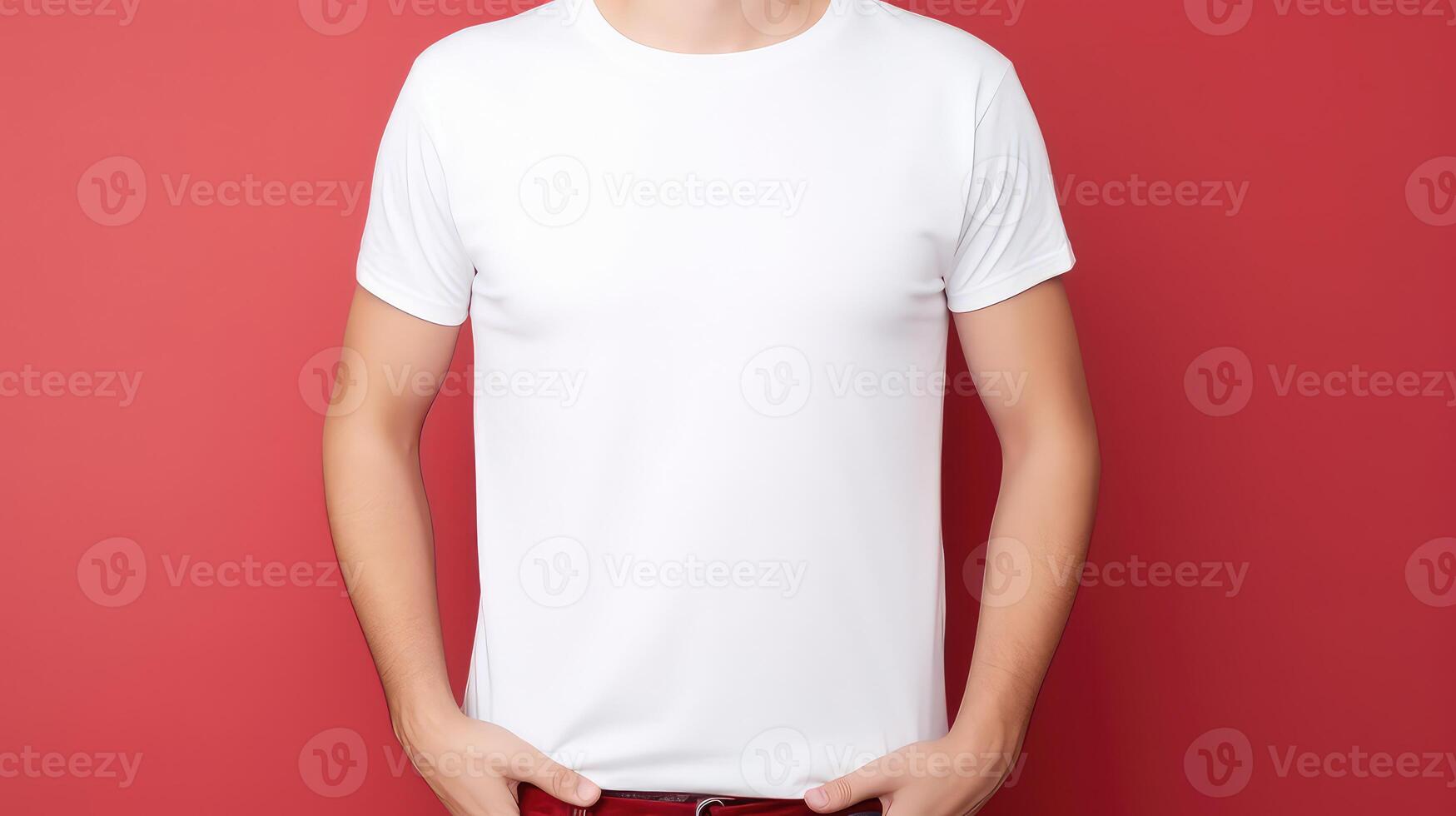 ai généré homme dans Vide blanc T-shirt sur rouge Contexte. T-shirt maquette photo