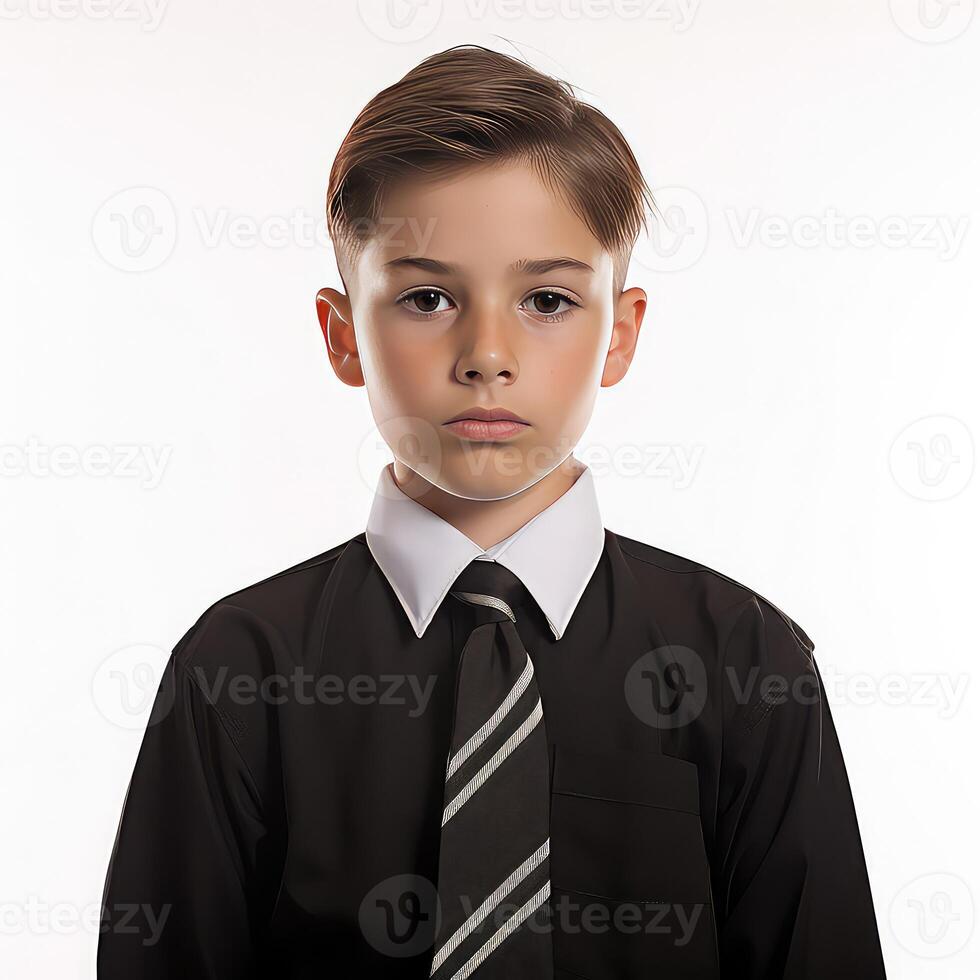 ai généré portrait de une Jeune garçon dans une noir costume. isolé sur blanc Contexte. photo