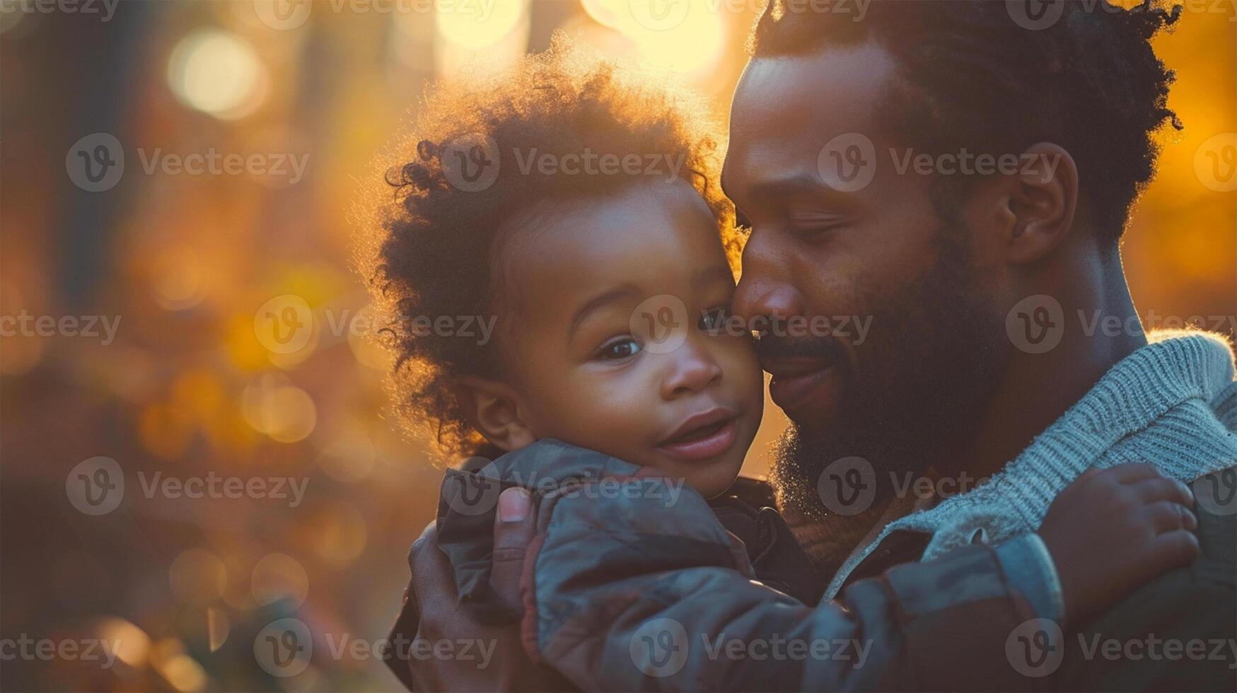 ai généré père et fils étreindre dans le parc à le coucher du soleil. content famille. photo