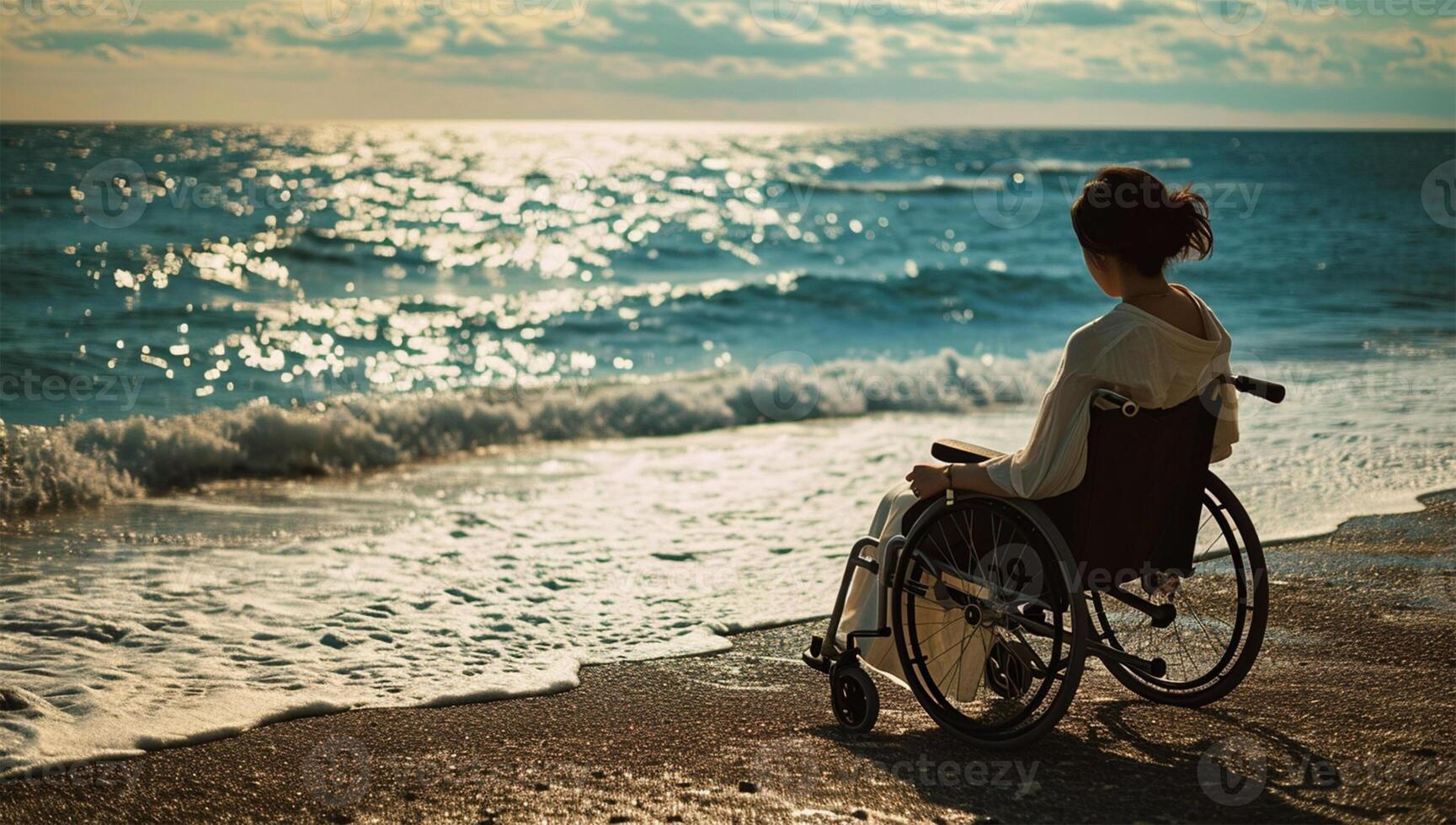 ai généré Jeune femme dans une fauteuil roulant sur le plage à le coucher du soleil. côté voir. photo