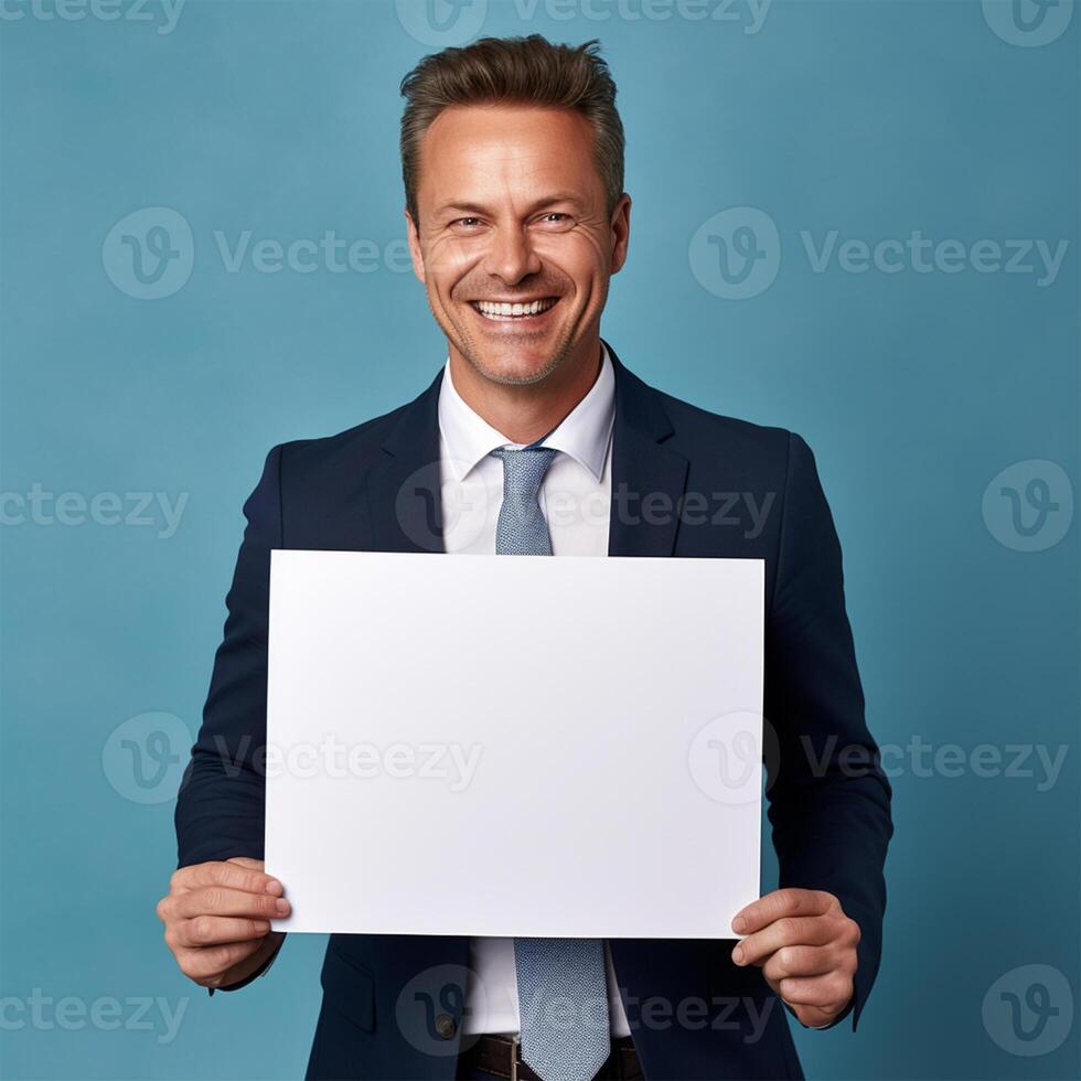 ai généré souriant Jeune homme d'affaire en portant Vide feuille de papier, plus de bleu Contexte photo