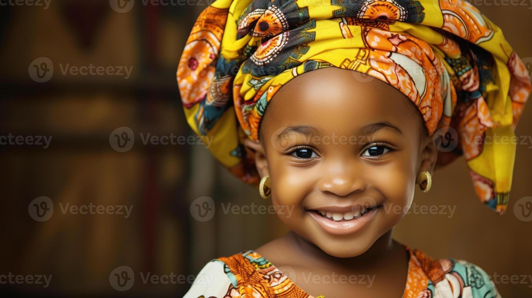 ai généré africain mature bébé fille dans traditionnel vêtements portrait. traditionnellement habillé dans coloré Vêtements et tête envelopper. noir histoire mois concept. photo