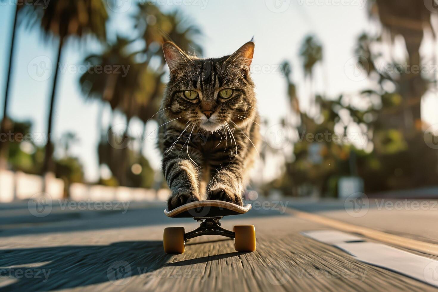 ai généré faire de la planche à roulettes chat. marrant chat monte planche à roulette sur le rue dans été ville photo