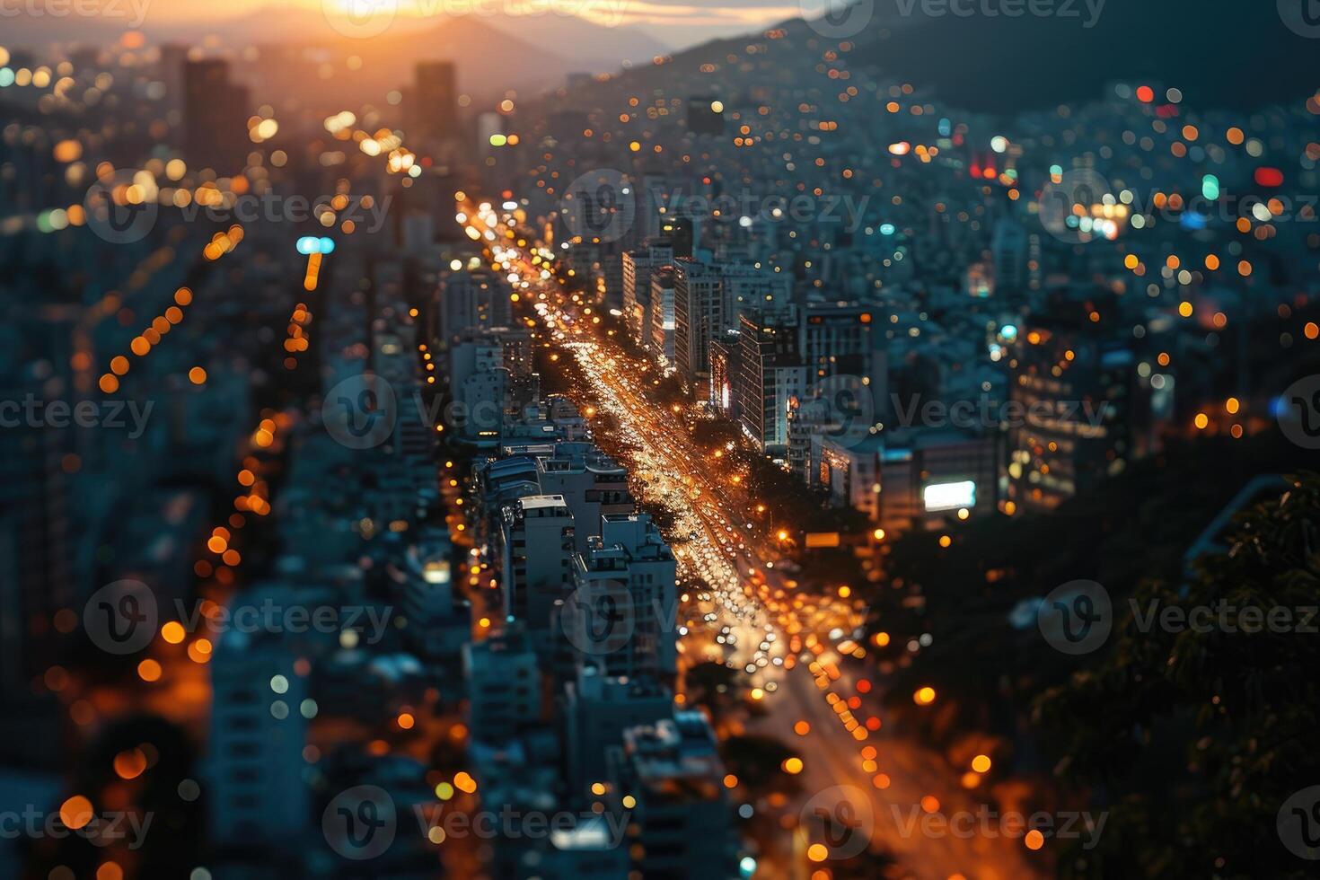 ai généré aérien vue de une ville rue à nuit temps, longue exposition de le voiture lumières photo