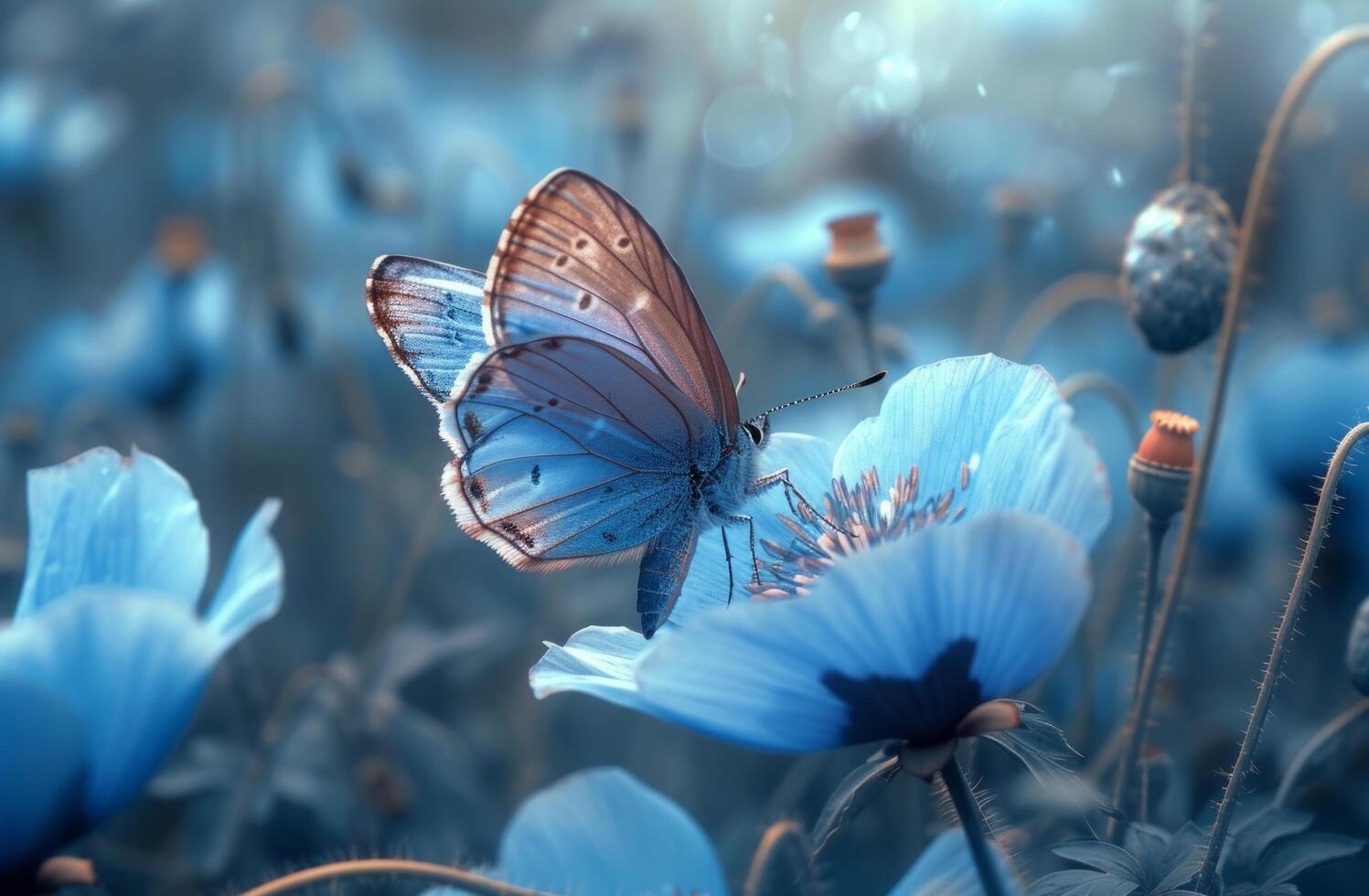 ai généré fond d'écran bleu papillon en volant par vert herbe avec bleu coquelicots photo