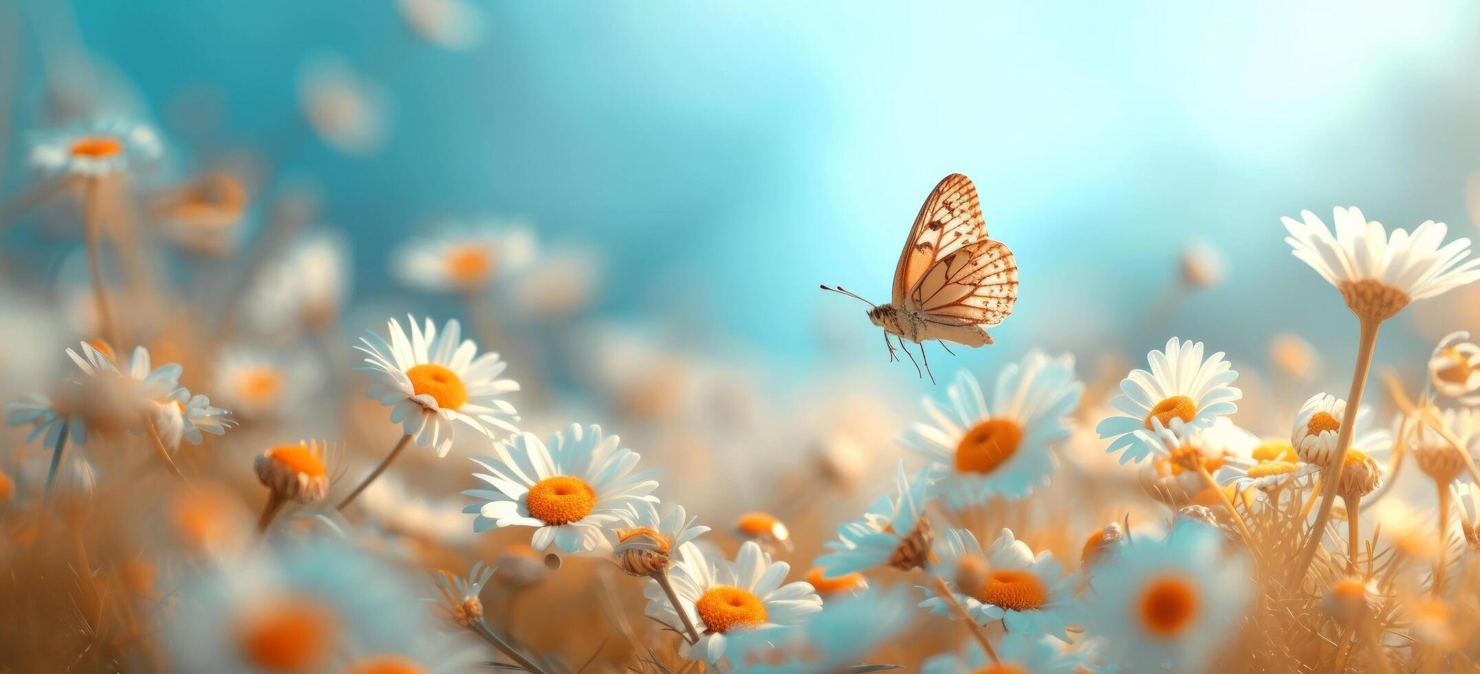 ai généré un aérien vue de marguerites et une papillon en volant au dessus une bleu ciel photo