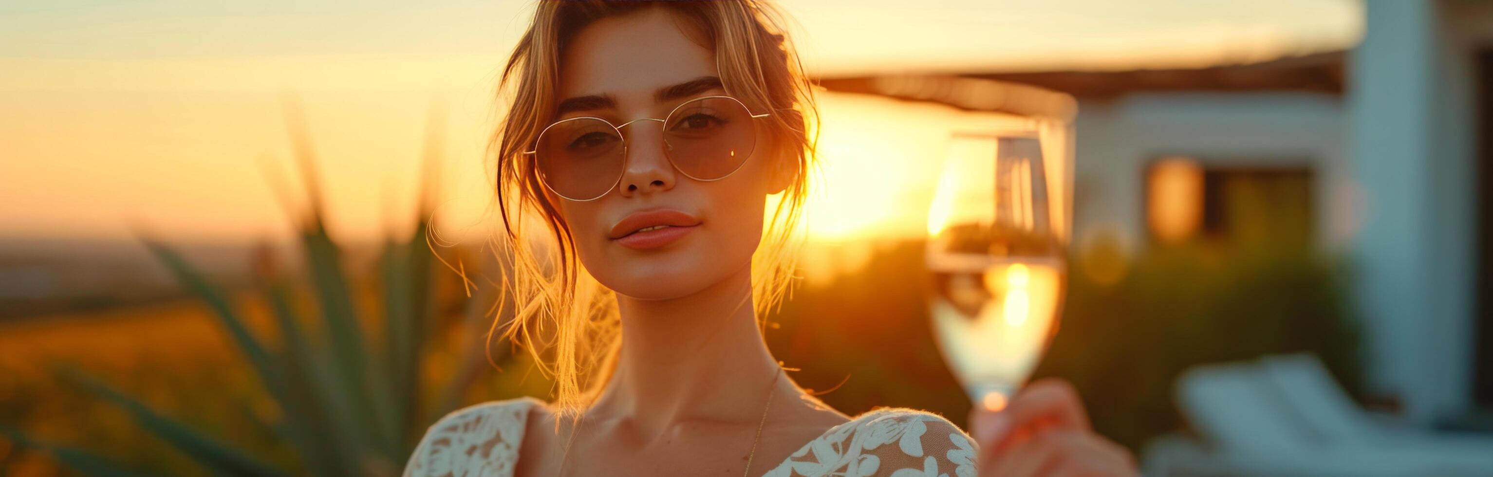 ai généré Jeune femme avec des lunettes boisson Champagne à le coucher du soleil photo