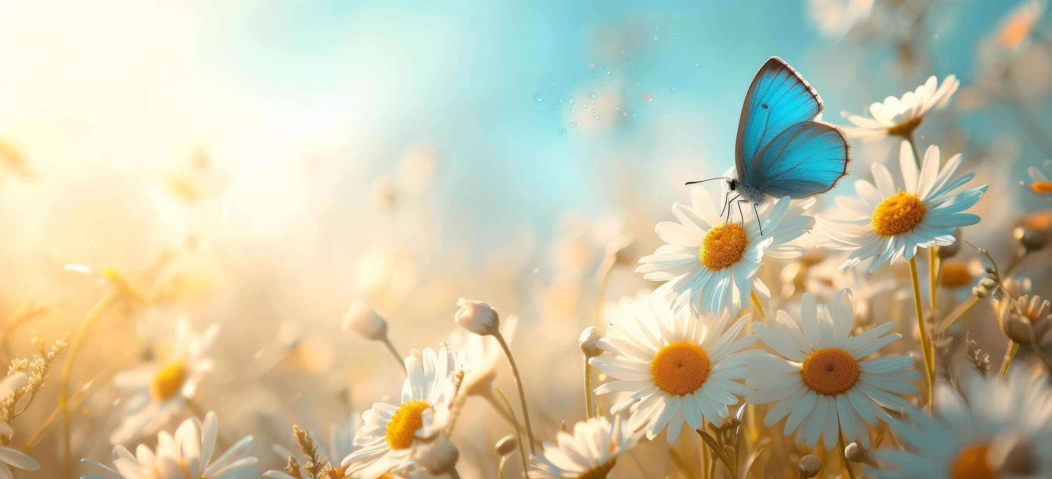 ai généré blanc marguerites et une bleu papillon en volant dans le ciel photo