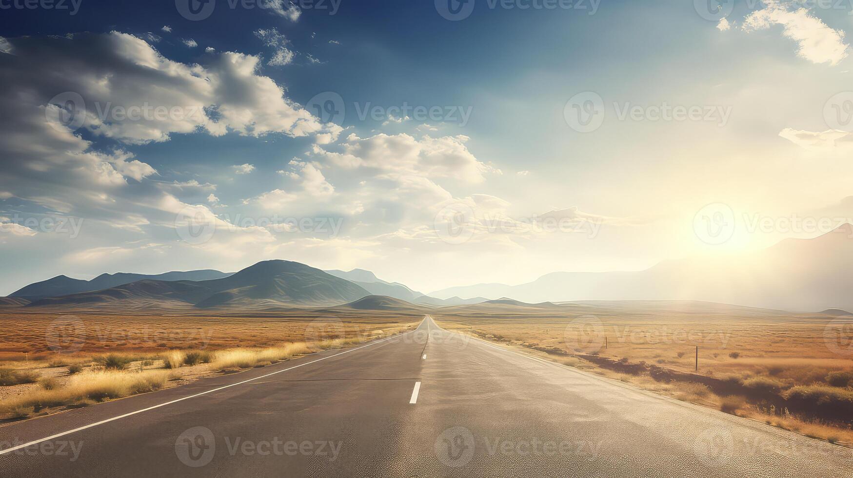 ai généré asphalte route dans le montagnes en dessous de le bleu ciel avec des nuages. photo