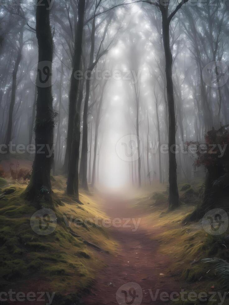 ai généré mystérieux effrayant forêt chemin photo
