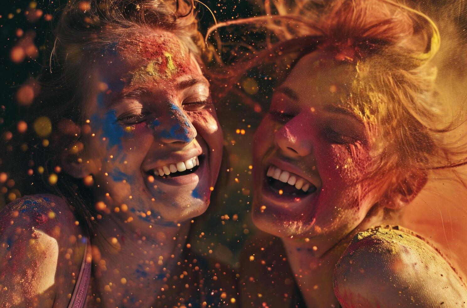 ai généré deux souriant Jeune femmes coloré poudre soufflant dans le air photo