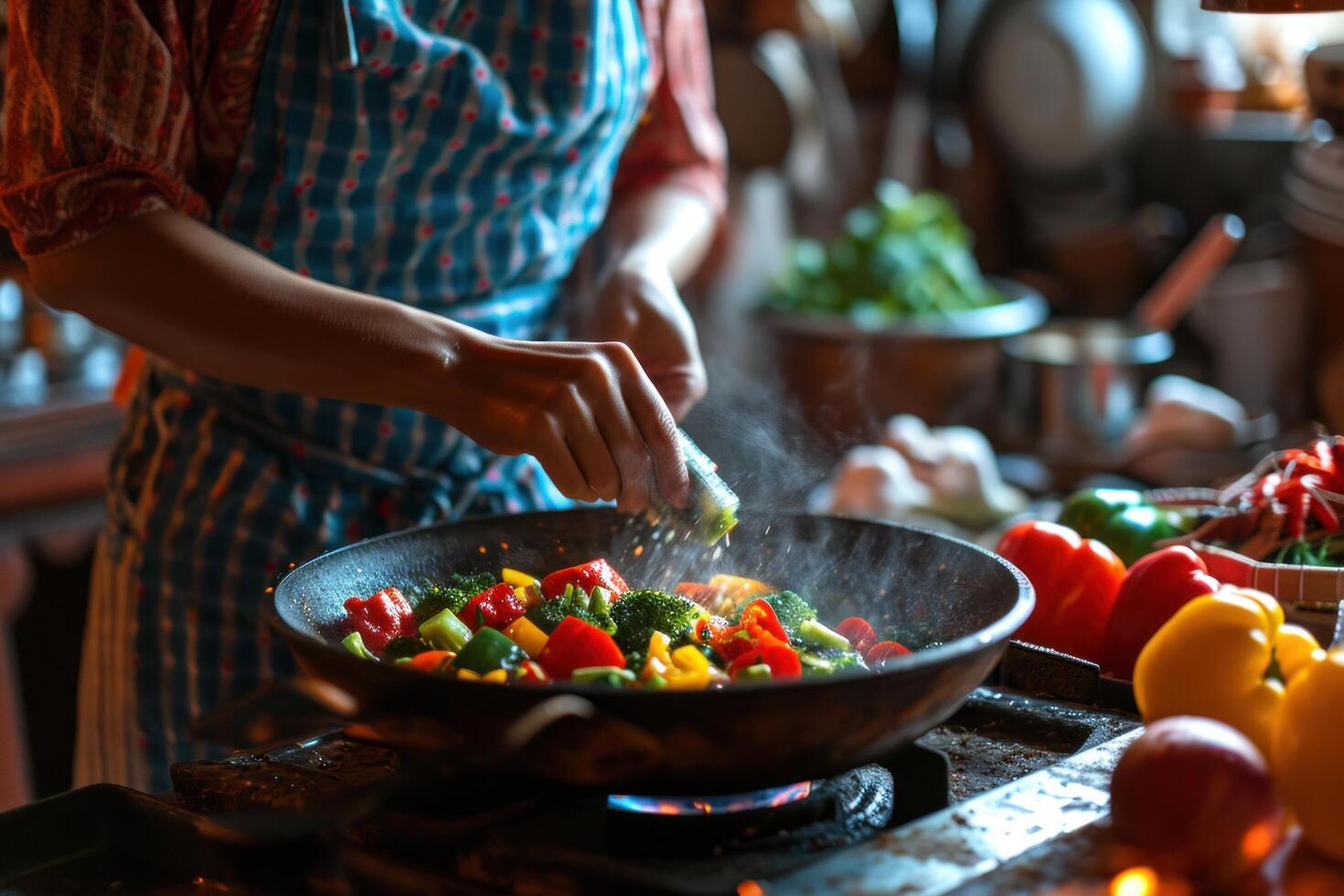 ai généré femme en mettant assaisonnement sur le des légumes tandis que en remuant leur photo