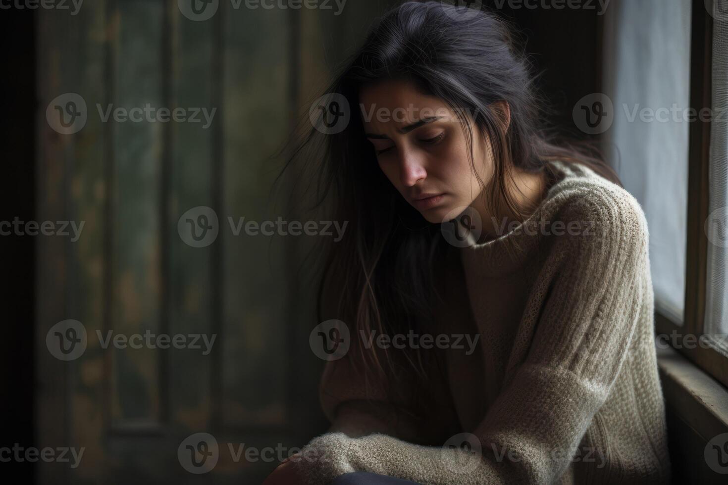 ai généré triste et solitaire femme aux femmes journée photo