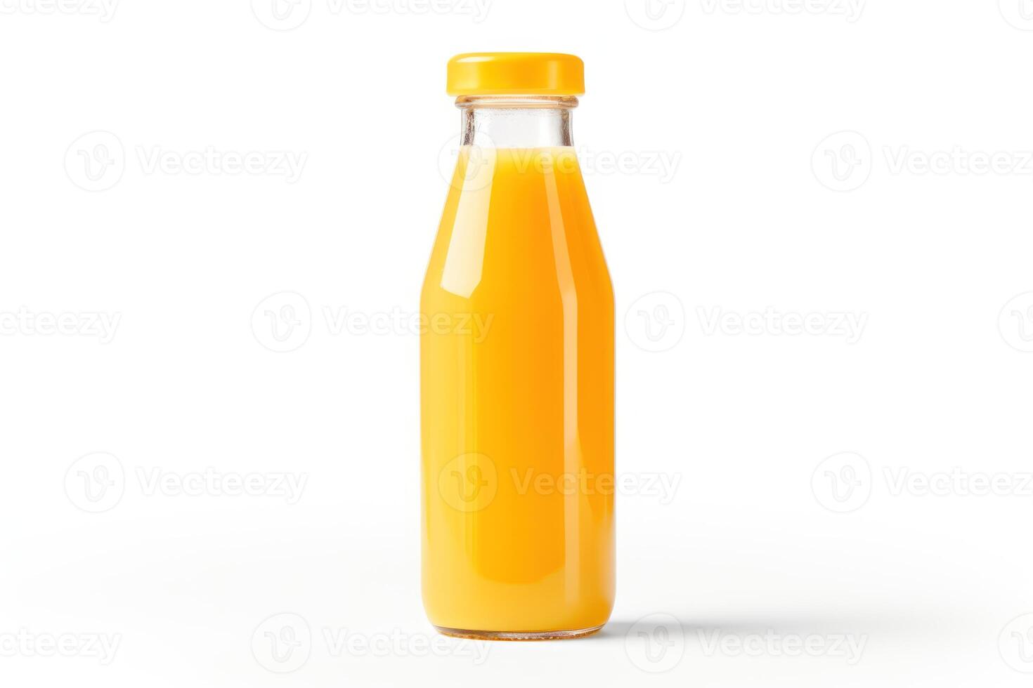 ai généré Orange jus bouteille vu de le de face sur une blanc Contexte photo