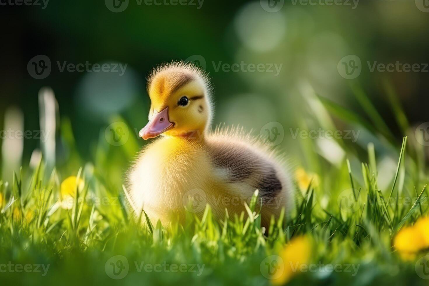 ai généré mignonne duveteux caneton sur vert herbe en plein air. bébé animal photo