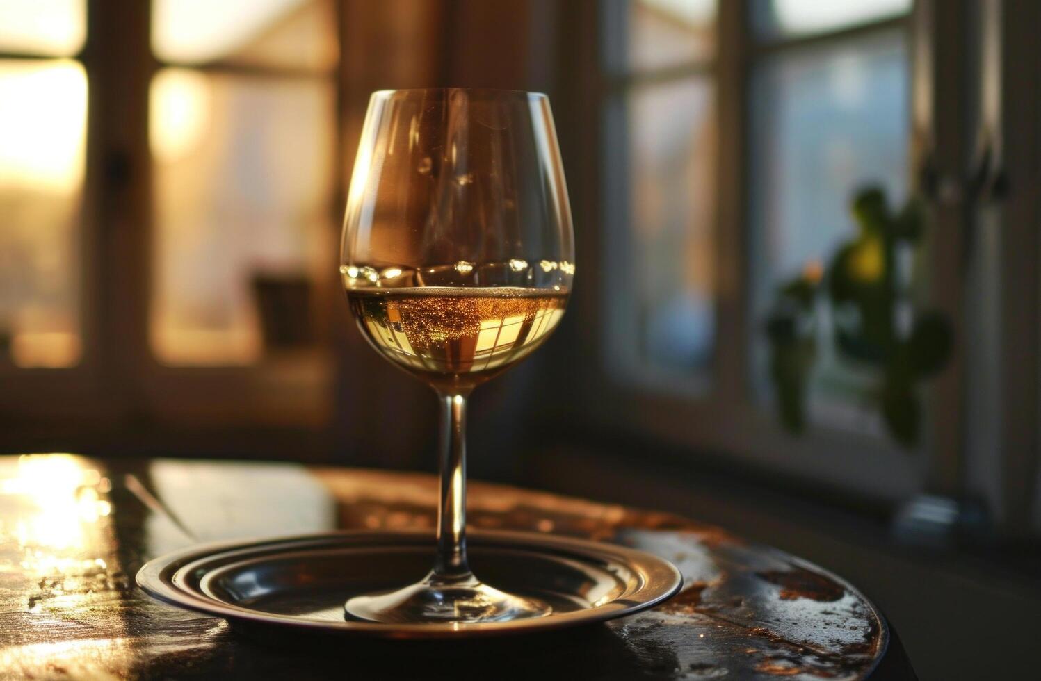 ai généré une verre de blanc du vin sur une métal assiette par une fenêtre photo