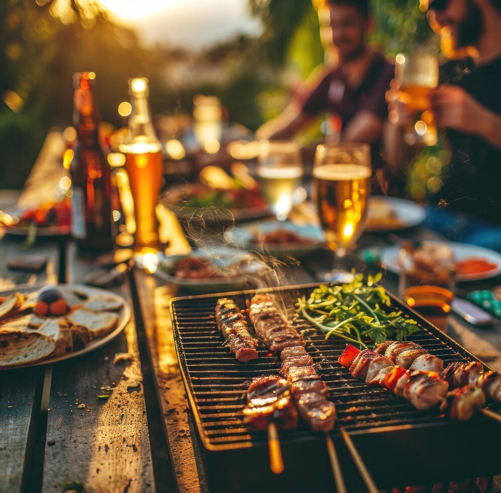 ai généré barbecue avec gril, amis, Bière et nourriture à été pique-nique. photo