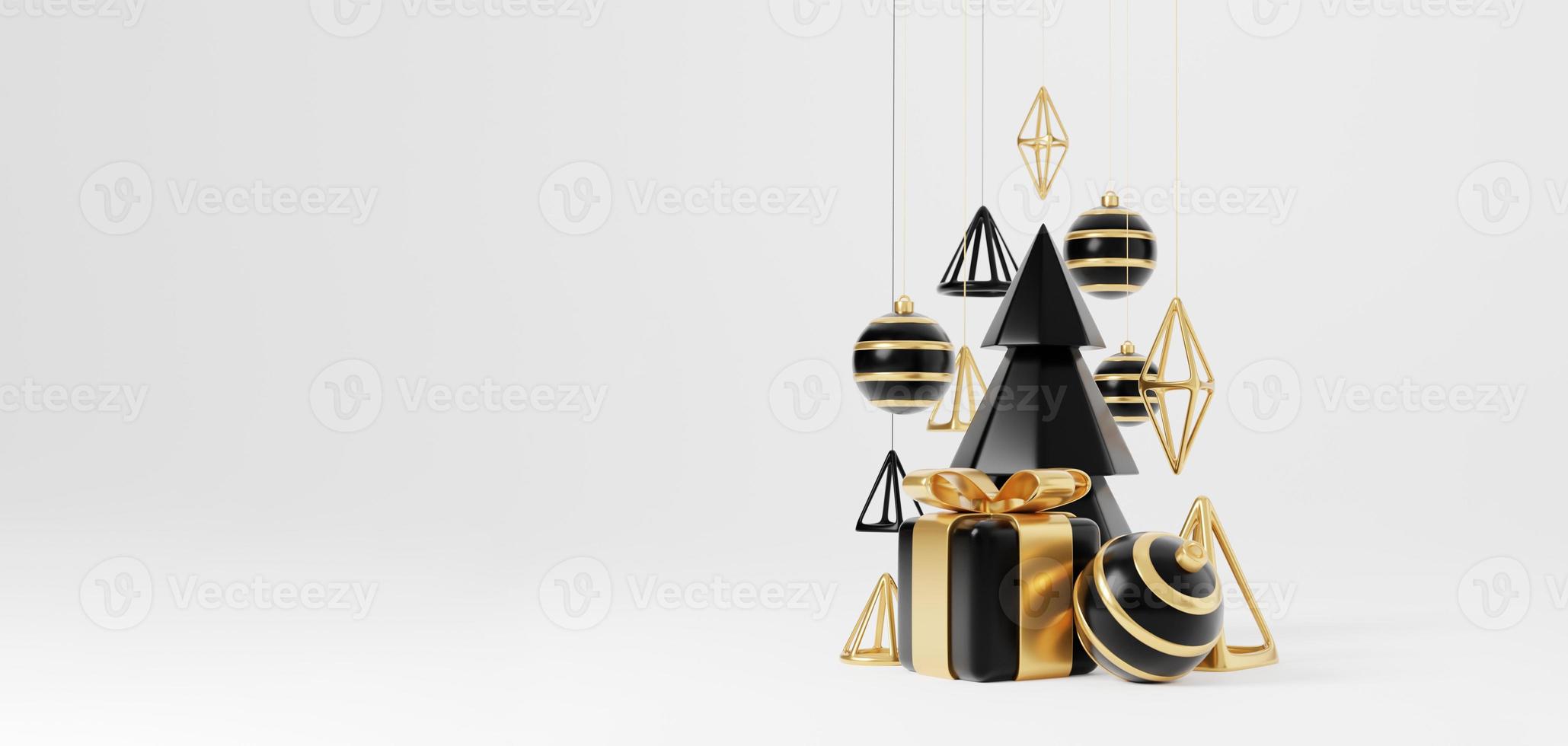 bannière de rendu 3d de luxe de Noël ou carte de voeux. décoration minimaliste moderne du nouvel an et de noël en or et noir avec arbre, bonbons, boule, coffret cadeau sur fond noir photo