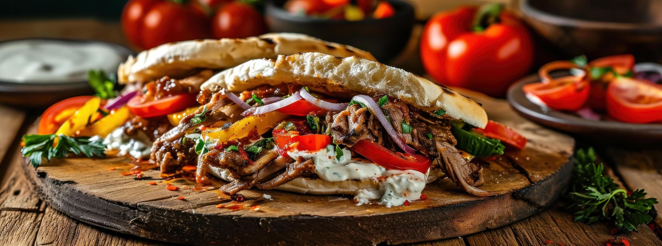 ai généré une gyro sandwich est sur une en bois conseil, exotique atmosphère photo