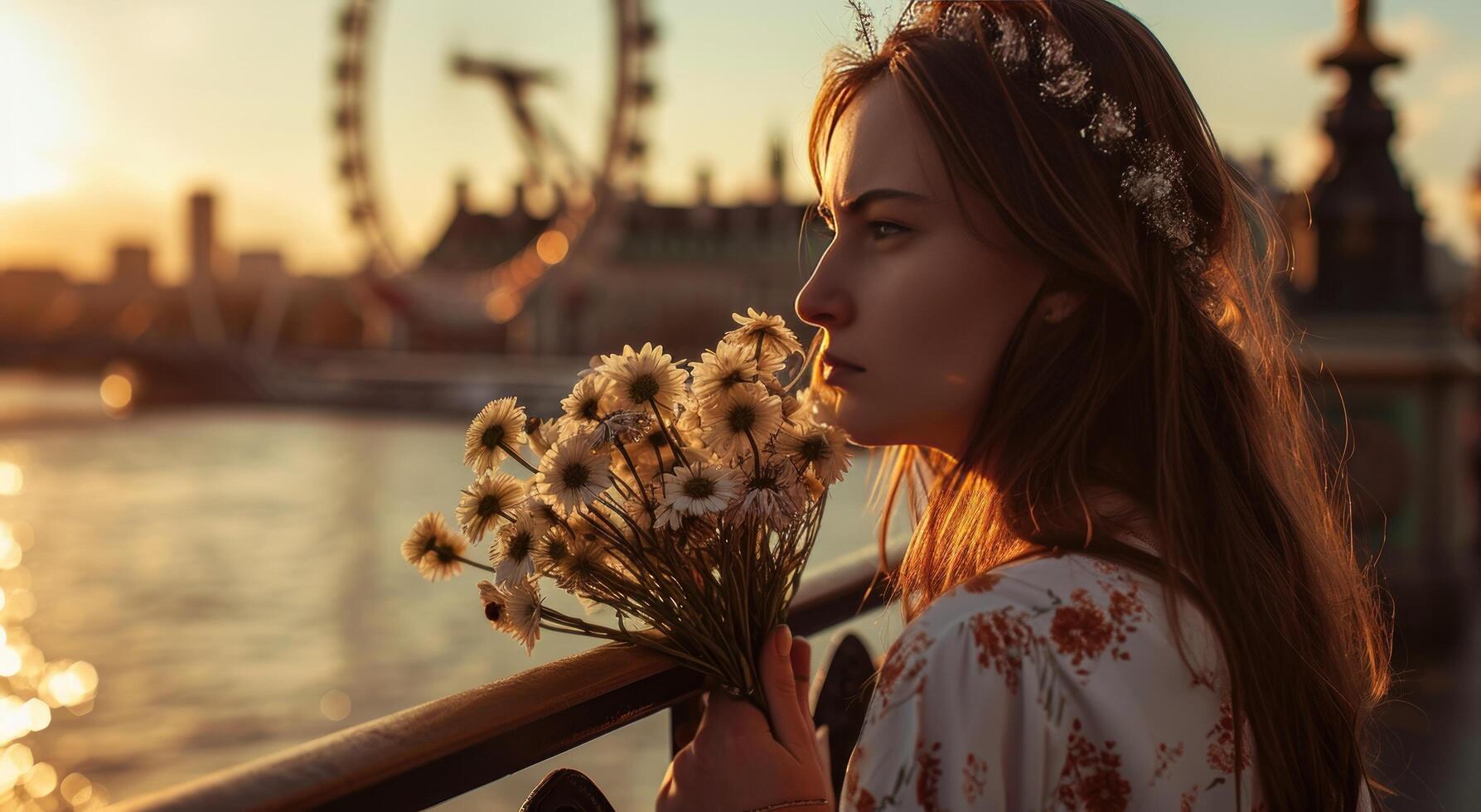 ai généré une fille en portant fleurs sur le balustrade près Londres œil photo