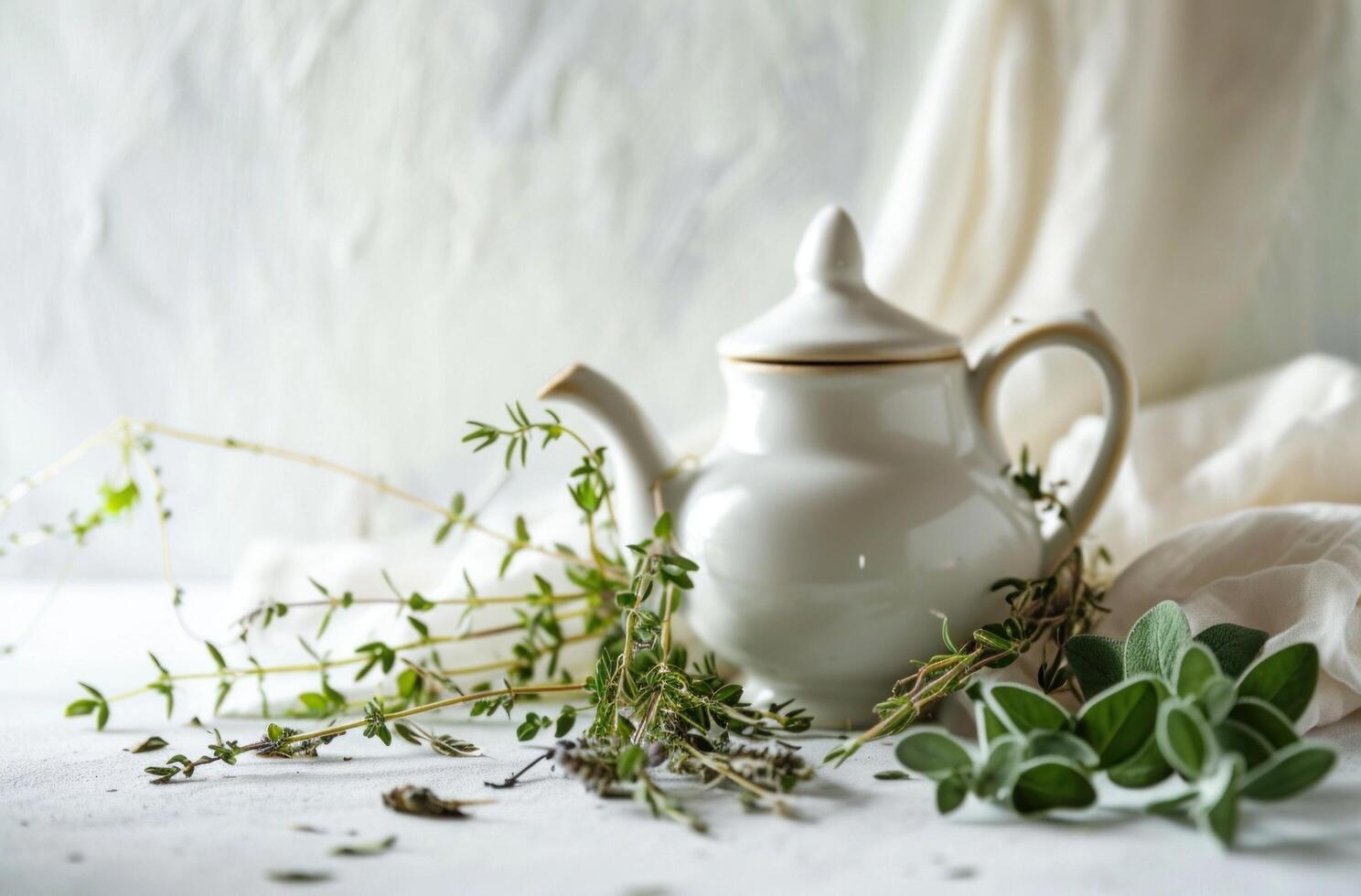 ai généré une blanc thé pot sur Haut de une blanc surface avec herbes photo