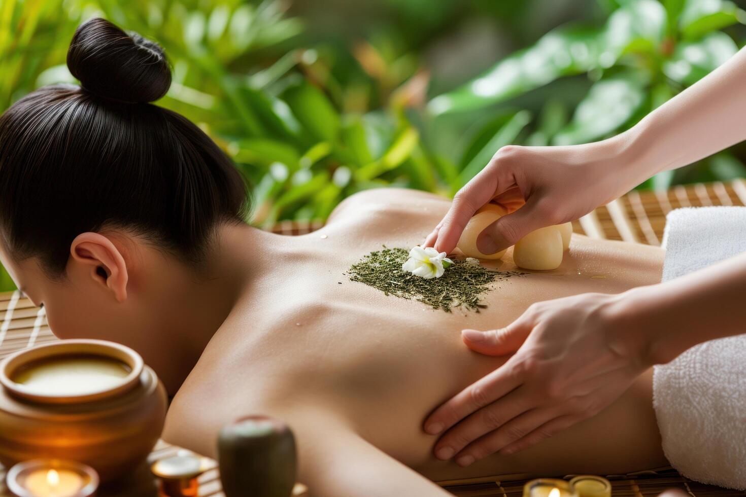 ai généré une femme a été avoir une retour massage avec certains vert thé des produits photo