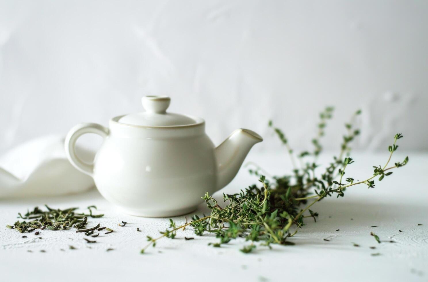 ai généré une blanc thé pot sur Haut de une blanc surface avec herbes photo