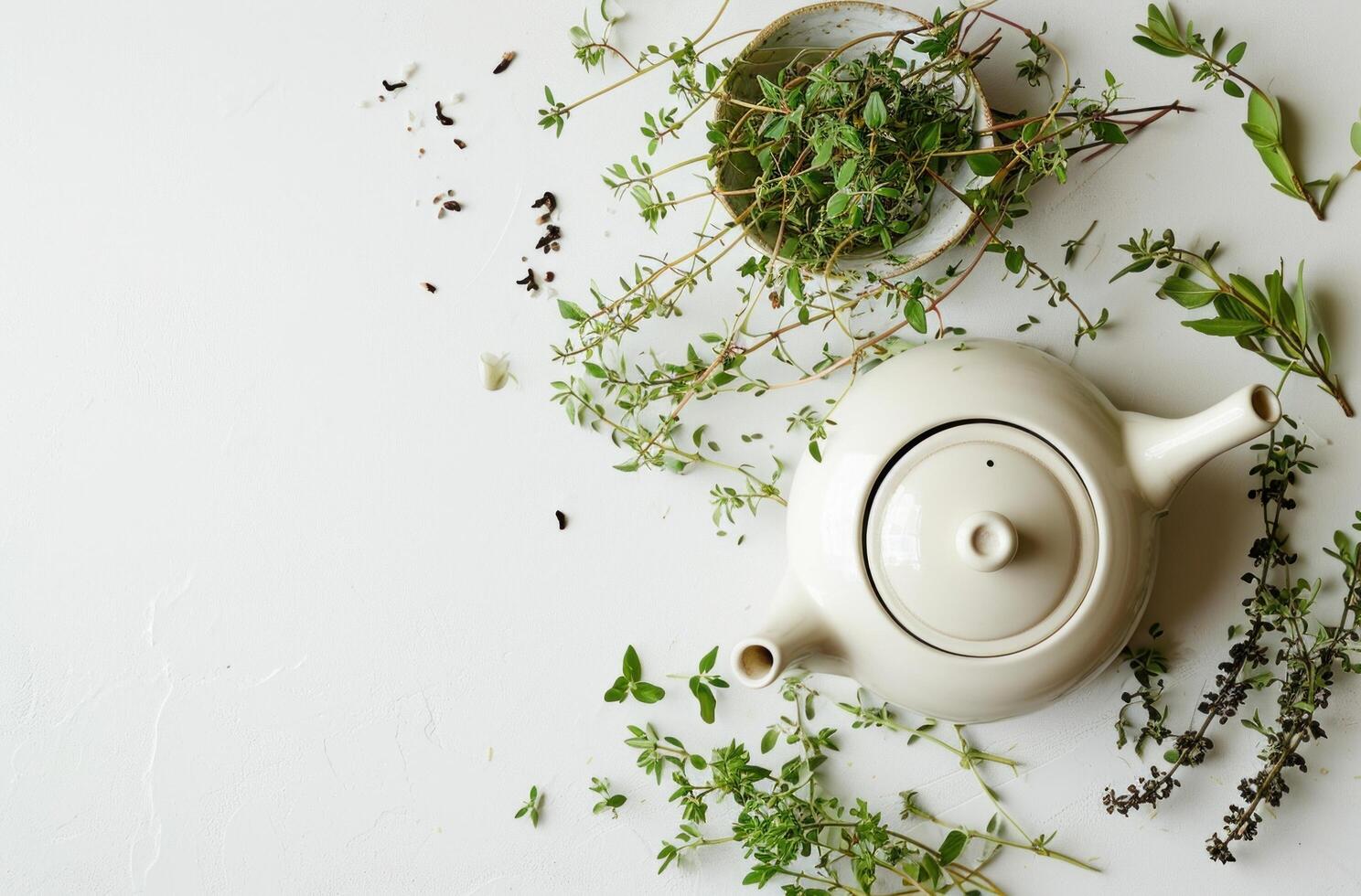 ai généré une blanc thé pot sur Haut de une blanc surface avec herbes photo