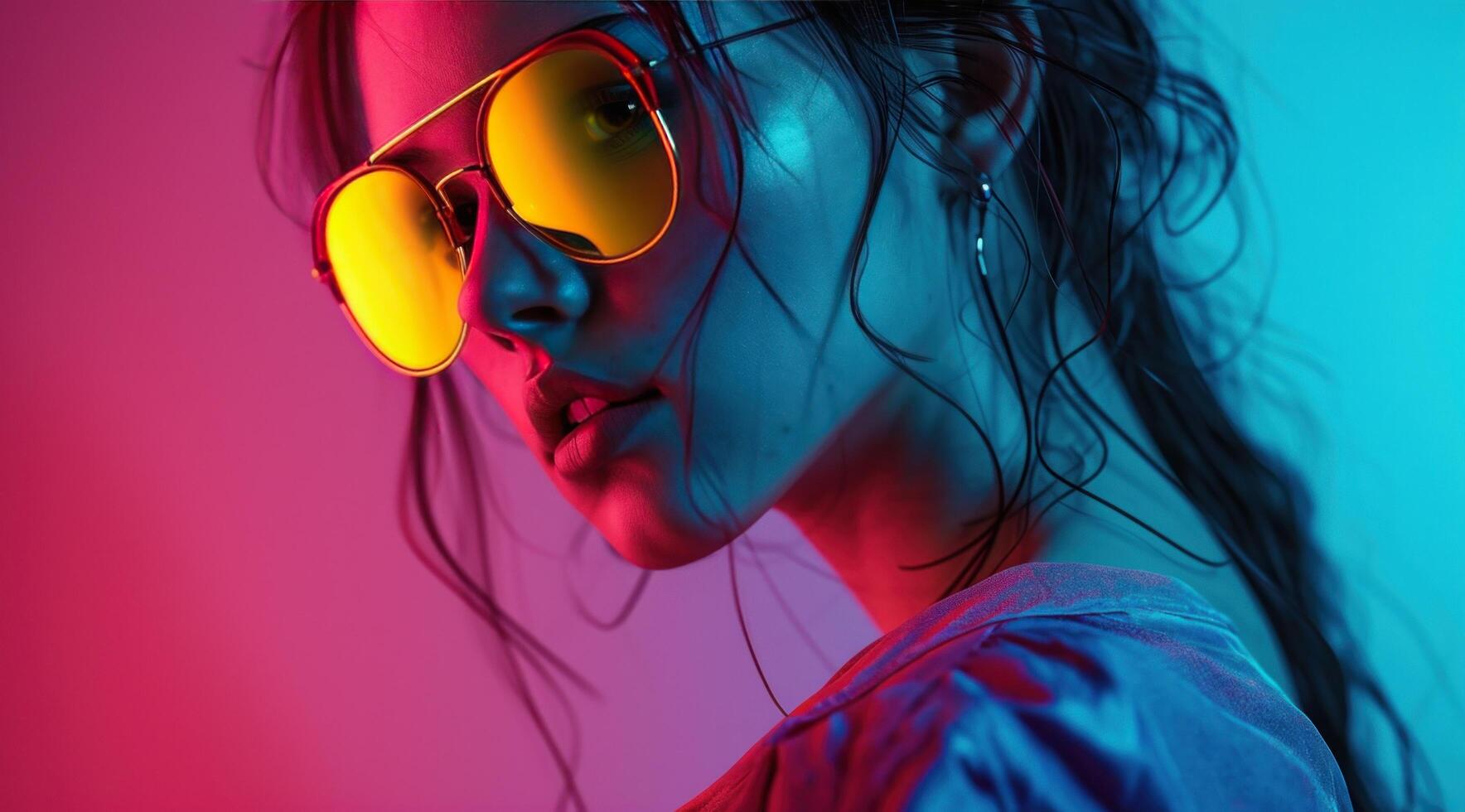 ai généré magnifique Jeune femme dans rouge et Jaune des lunettes de soleil photo