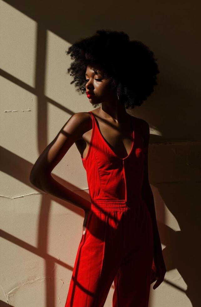 ai généré dans une rouge haute cintrée combinaison une femme pose pour une pose, afro-antillais influence photo