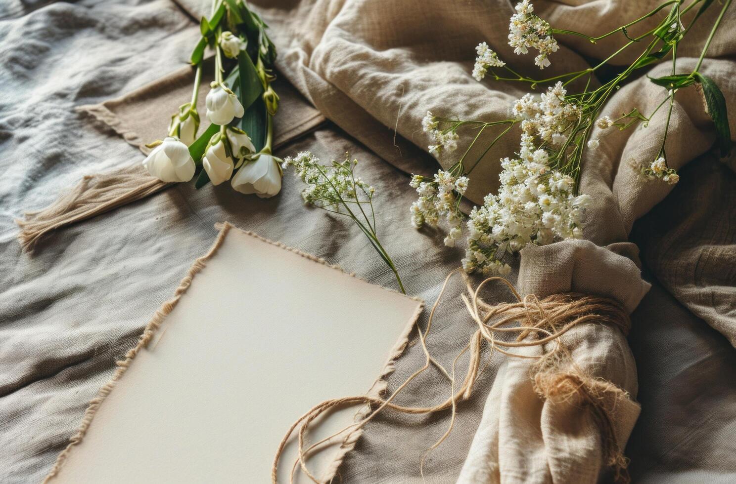 ai généré Vide carte pose sur une table avec fleurs et ficelle photo