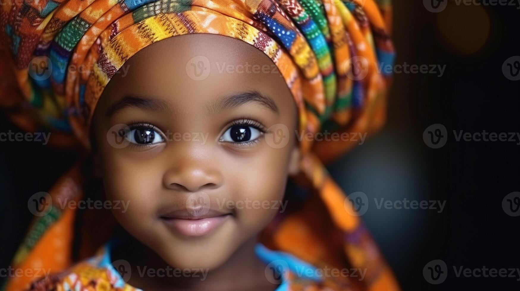 ai généré africain mature bébé garçon dans traditionnel vêtements portrait. traditionnellement habillé dans coloré Vêtements et tête envelopper. noir histoire mois concept. photo