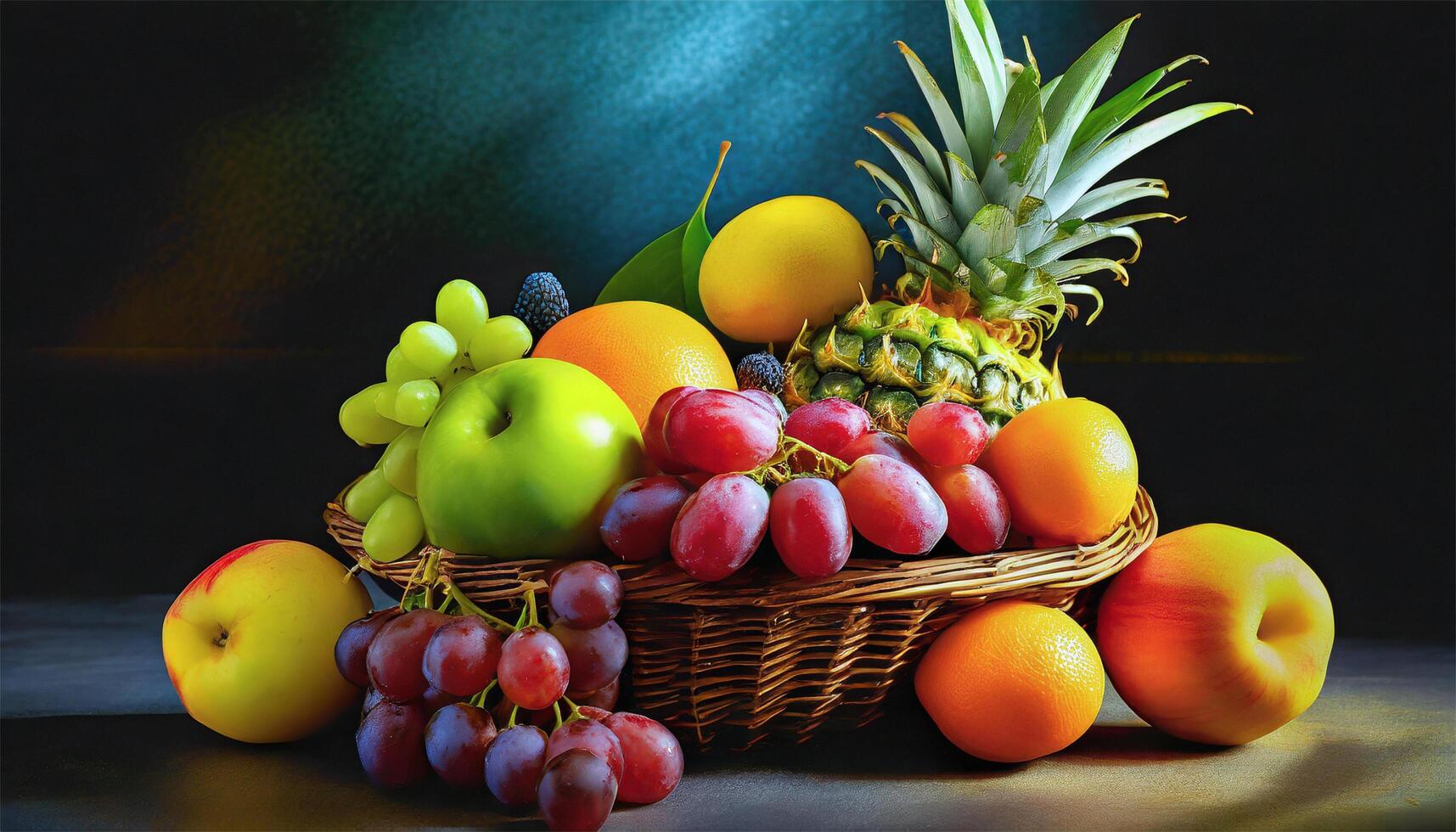 ai généré composition avec une panier plein de Frais des fruits sur une foncé Contexte photo