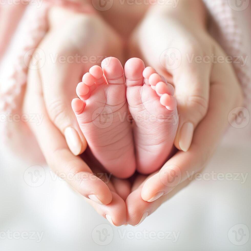 ai généré bébé pieds dans mère mains sur le lit à maison, maman et sa enfant, santé se soucier et content famille concept, génératif ai photo