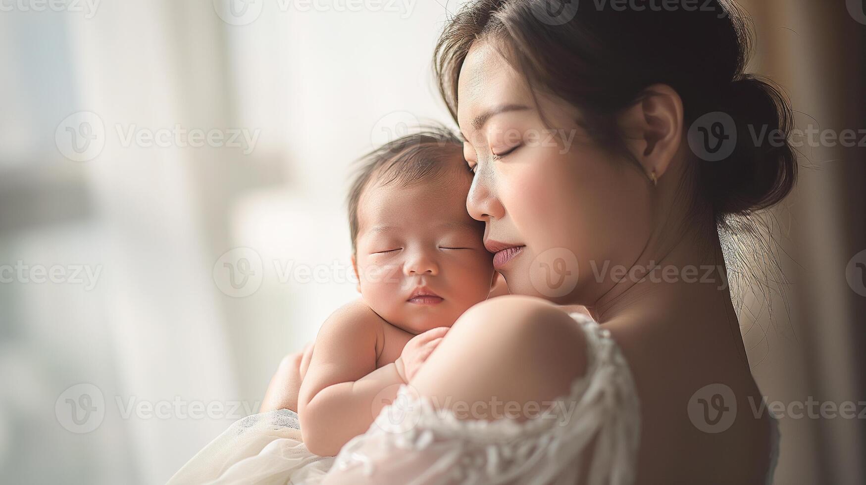 ai généré enfant se soucier avec mère et sa bébé, mère embrassement sa nouveau née, santé se soucier et content famille concept, génératif ai photo