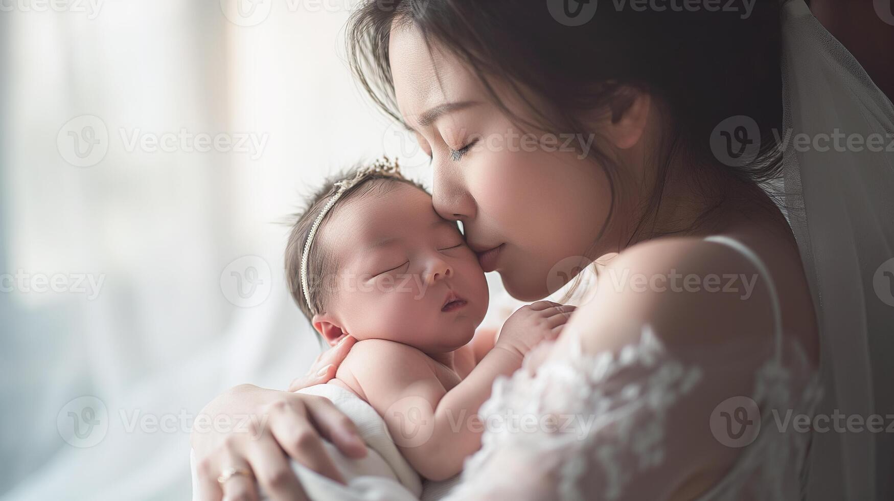 ai généré enfant se soucier avec mère et sa bébé, mère embrassement sa nouveau née, santé se soucier et content famille concept, génératif ai photo