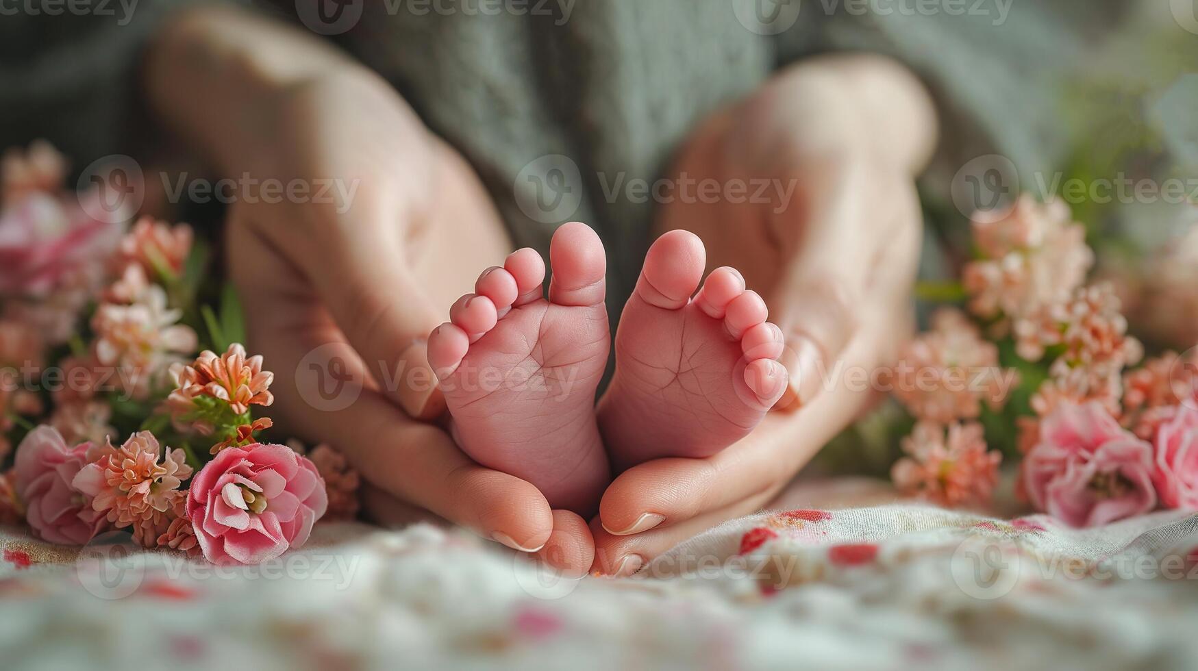 ai généré minuscule nouveau née de bébé pieds sur maman en forme de mains fermer, magnifique conceptuel image de maternité, génératif ai photo