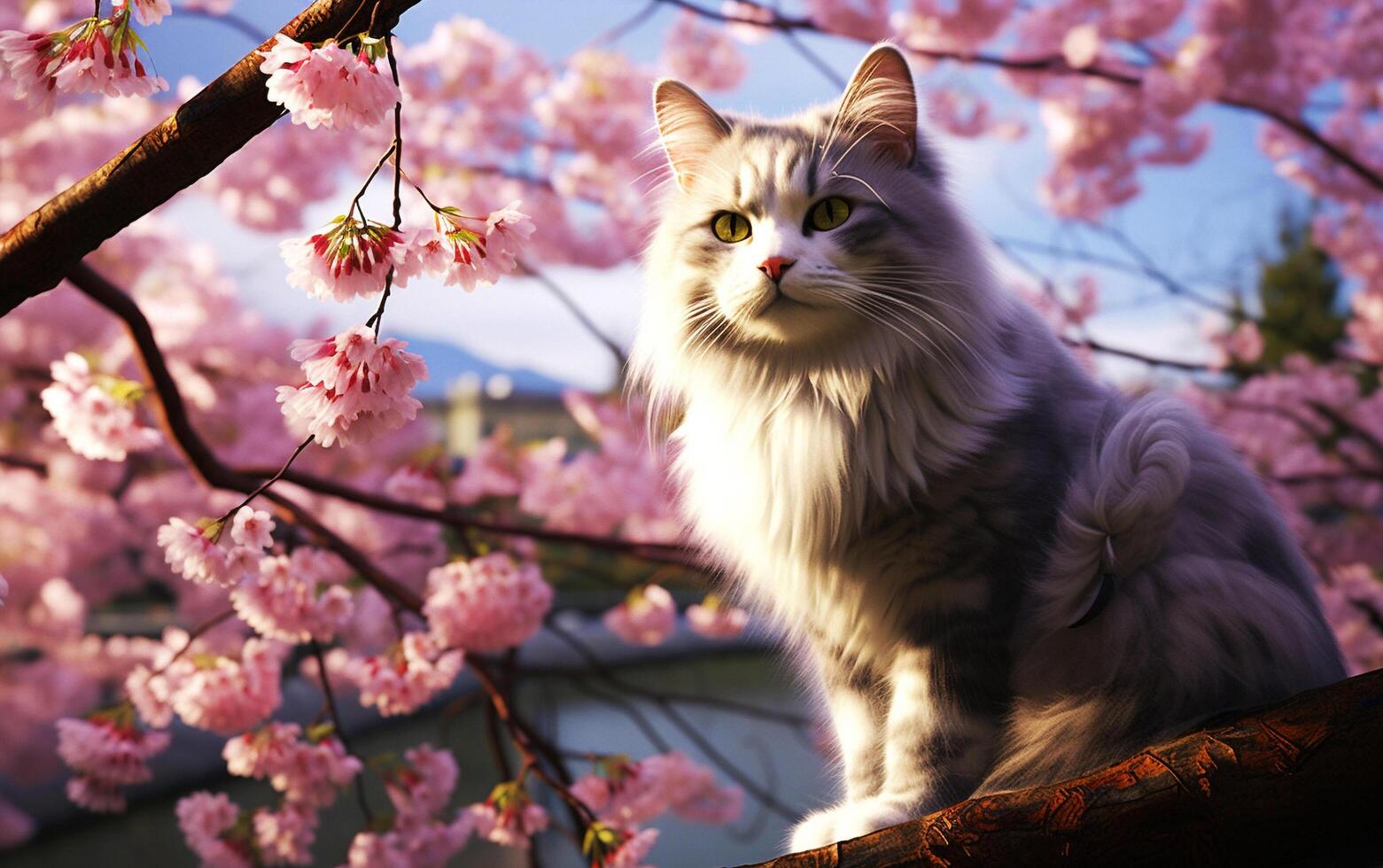 Gardien de fleurs une majestueux chat dans un asiatique paysage photo