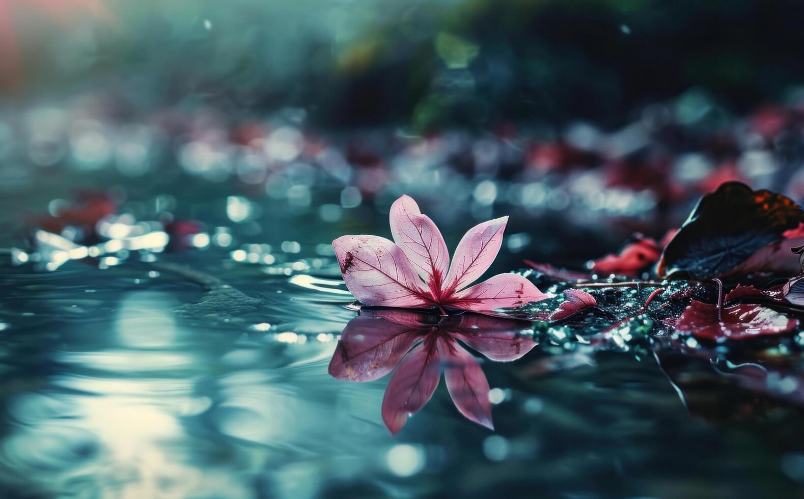 ai généré le rose feuille reflète dans le l'eau photo