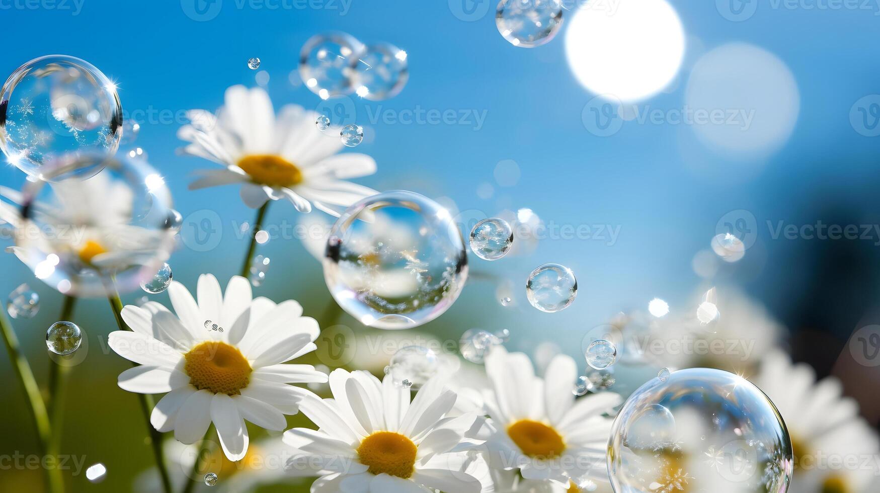 ai généré printemps motif lumière Contexte et fond d'écran avec camomille, savon bulles et bokeh, neural réseau généré photoréaliste image photo