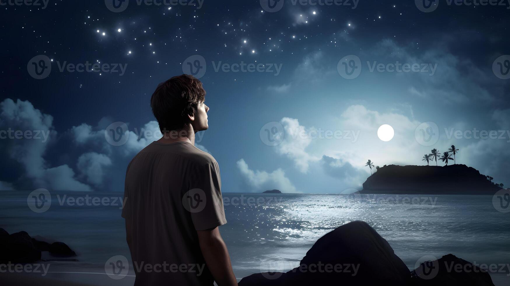 ai généré Jeune adulte caucasien Beau homme rêveusement et pensivement à la recherche dans paysage marin avec petit tropical île à plein lune nuit, neural réseau généré image photo