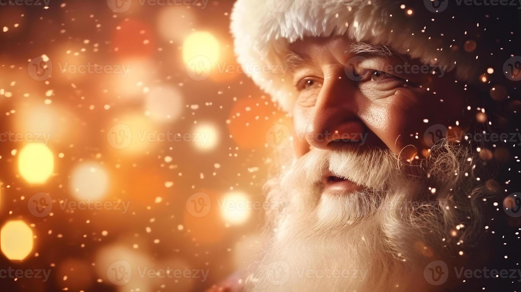 ai généré Père Noël claus visage fermer avec défocalisé Orange briller bokeh copie espace Contexte , neural réseau généré image photo