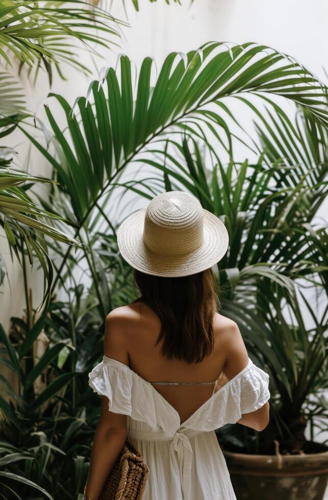 ai généré femme en portant chapeau par les plantes photo