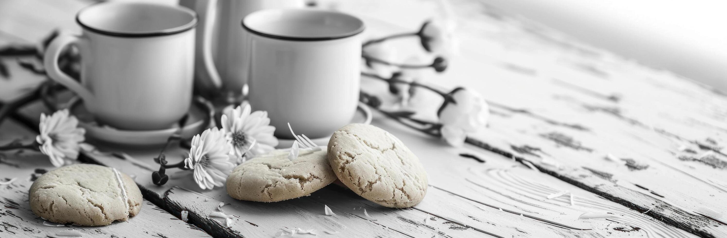 ai généré biscuits et fleurs ensemble sur une en bois tableau, avec espace pour texte photo