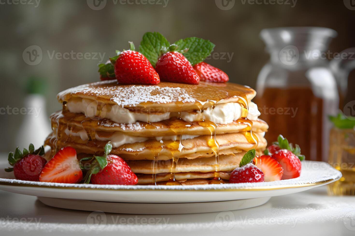 ai généré magnifique délicieux Crêpes avec mon chéri et des fraises en dessous de lumière du jour dans nordique style, neural réseau généré photoréaliste image photo