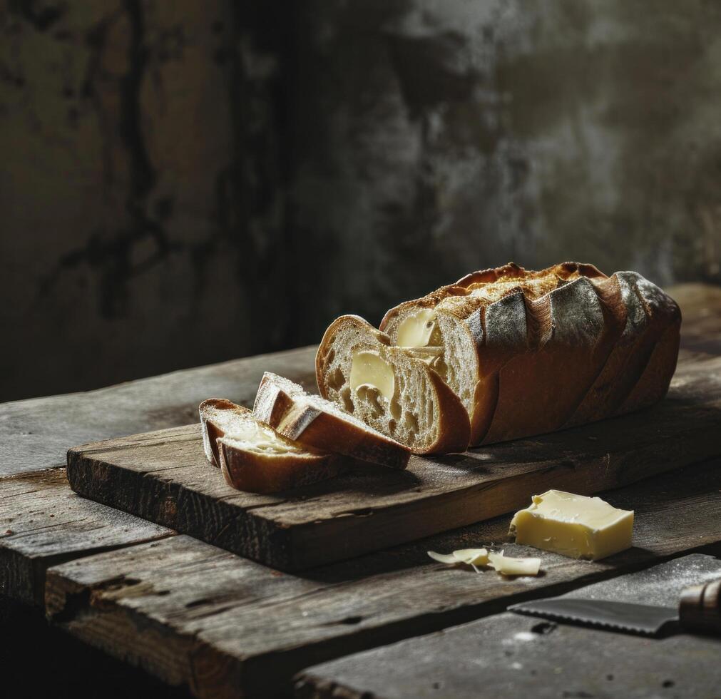 ai généré gratuit pain et beurre sur une en bois planche photo