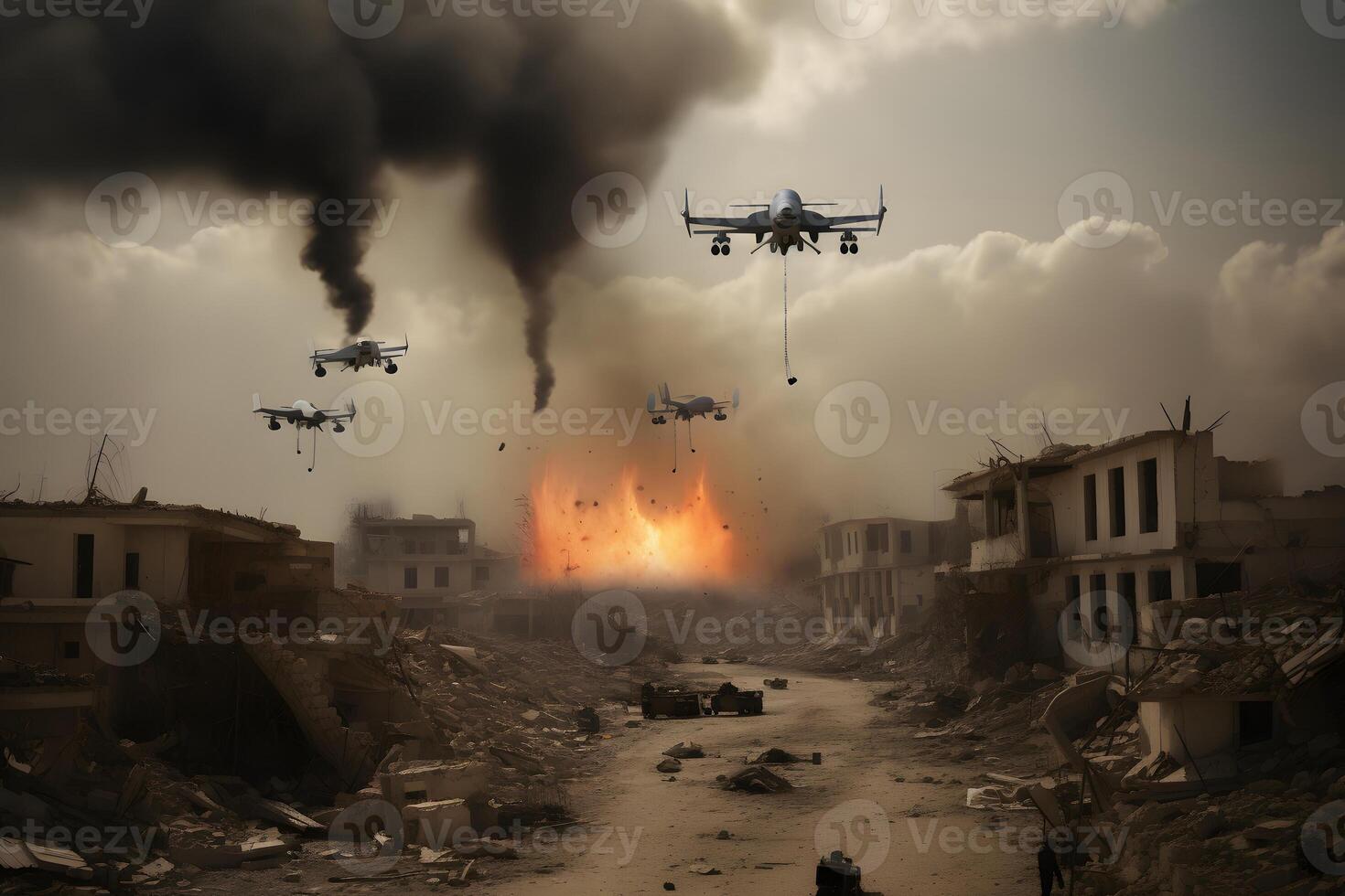 ai généré drone guerre - beaucoup militaire copter drones au dessus moyen-orient ville champ de bataille à jour, neural réseau généré image photo