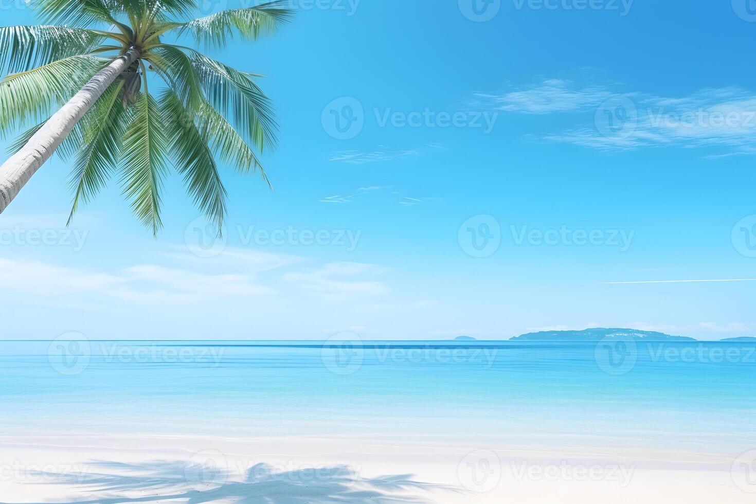 ai généré tropical plage vue à ensoleillé journée avec blanc sable, turquoise l'eau et paume arbre, neural réseau généré image photo