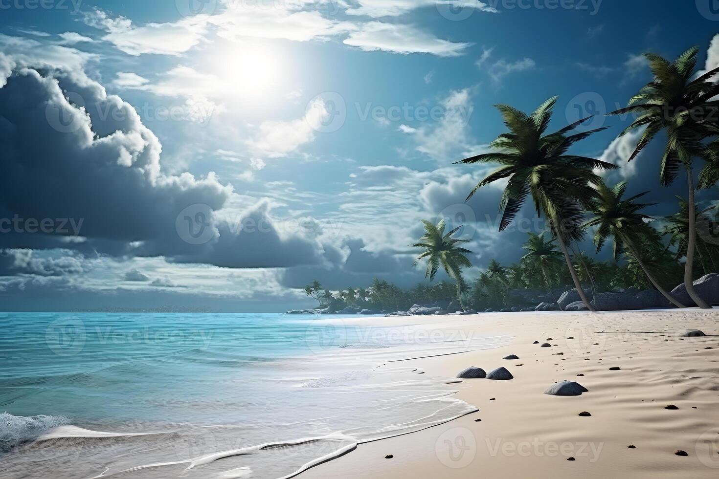 ai généré tropical plage vue avec blanc sable, turquoise l'eau et paume arbre à ensoleillé journée avec entrant orage des nuages, neural réseau généré photoréaliste image photo