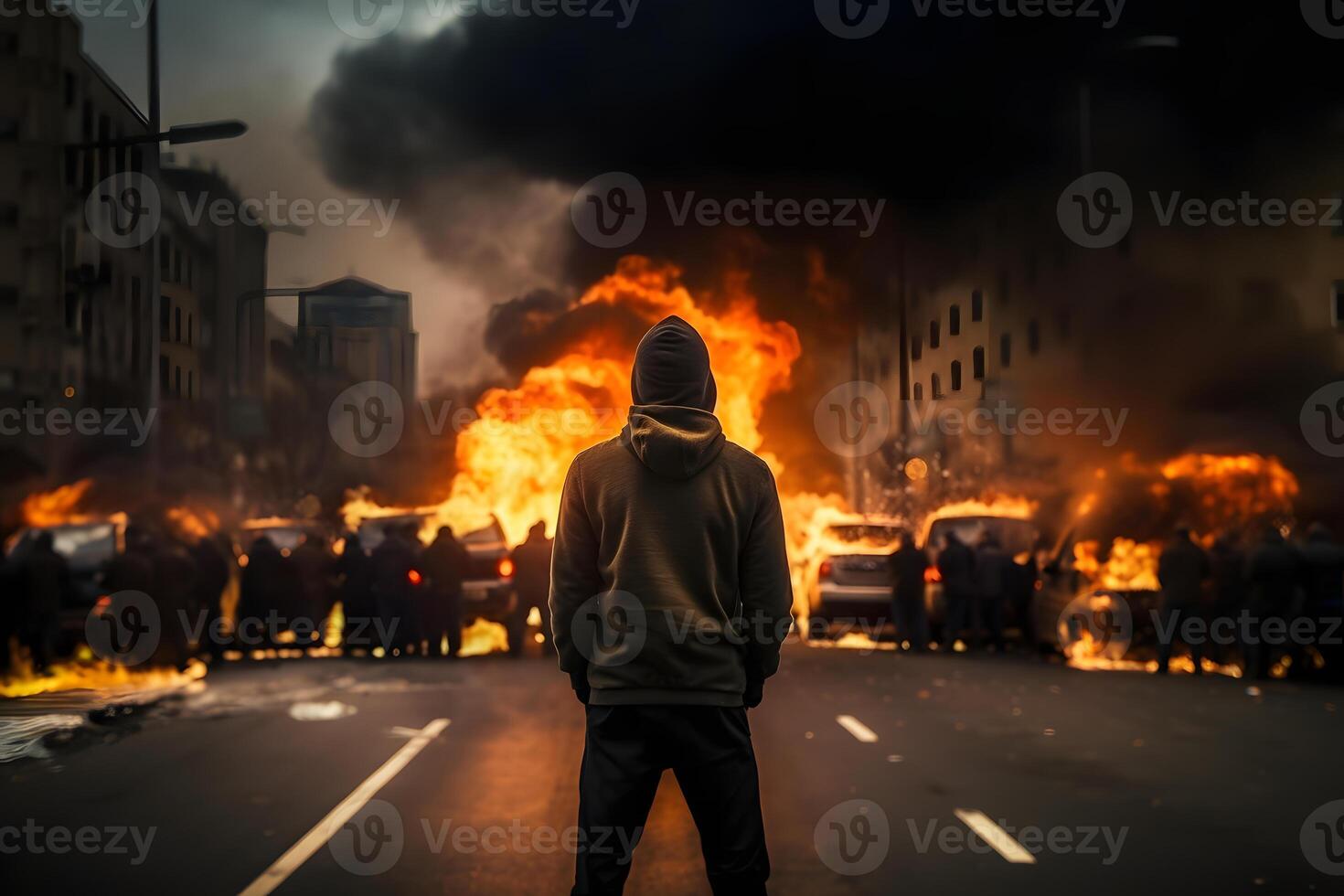 ai généré rue émeute dans ville avec manifestants et brûlant voitures, neural réseau généré photoréaliste image photo